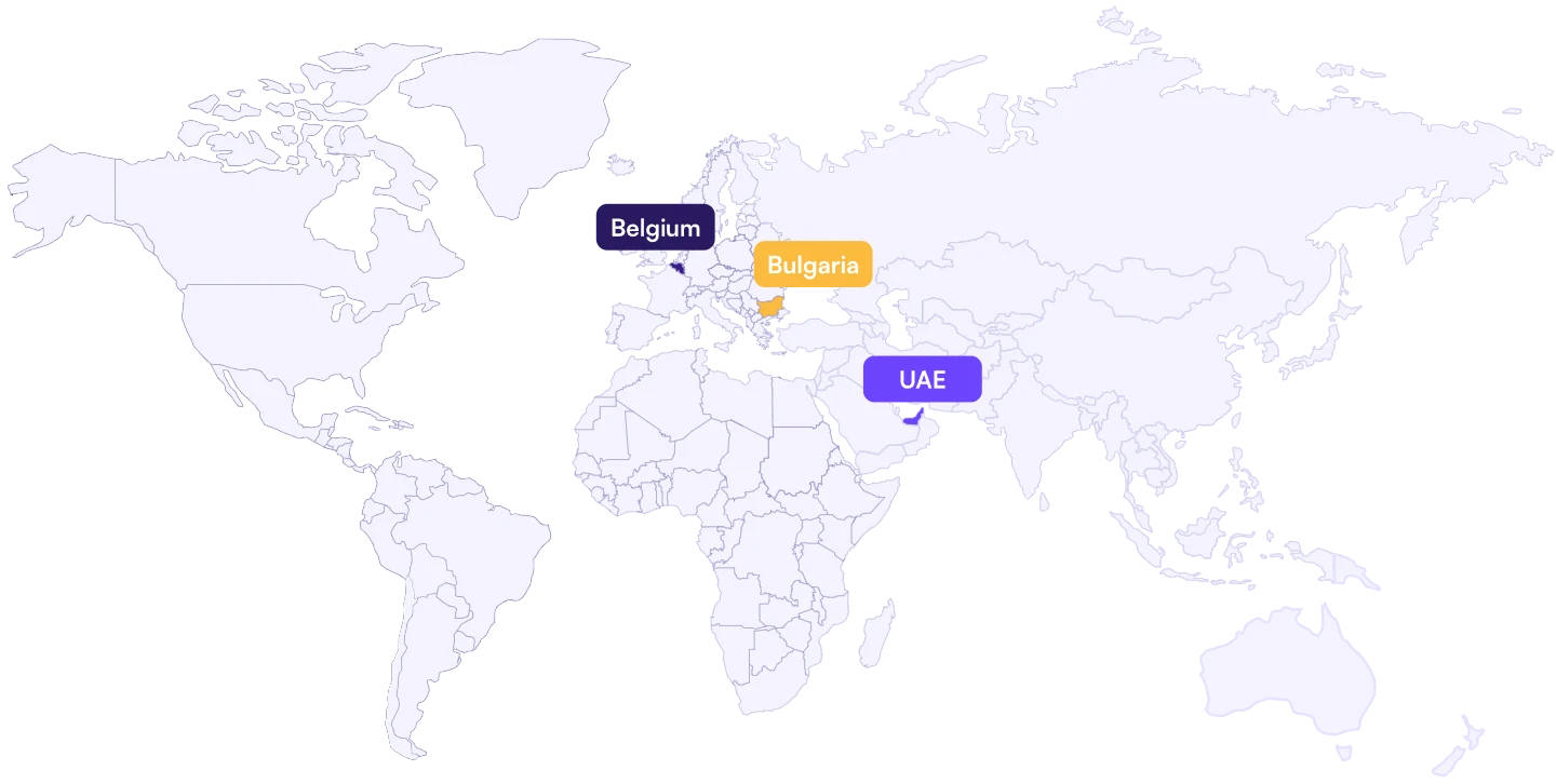 World map with Insight Dynamics locations in Belgium, Bulgaria and UAE